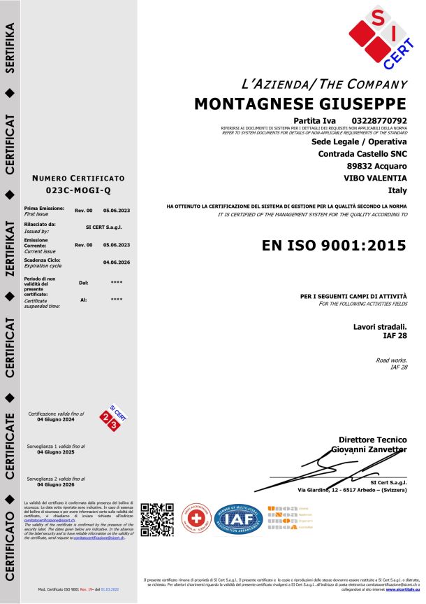 Certificazioni GMG Montagnese Costruzioni - Edilizia e Autotrasporti conto terzi